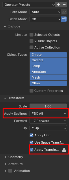 Настройки FBX