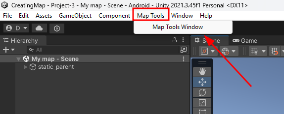 Открытие окна Map Tools